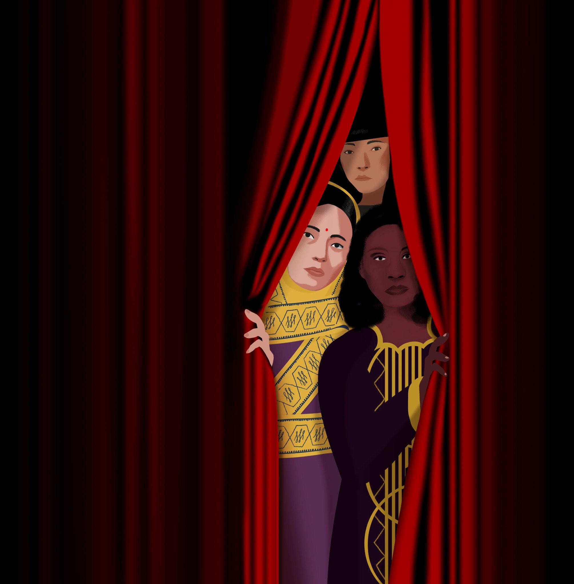 Three women standing behind a partially open red curtain