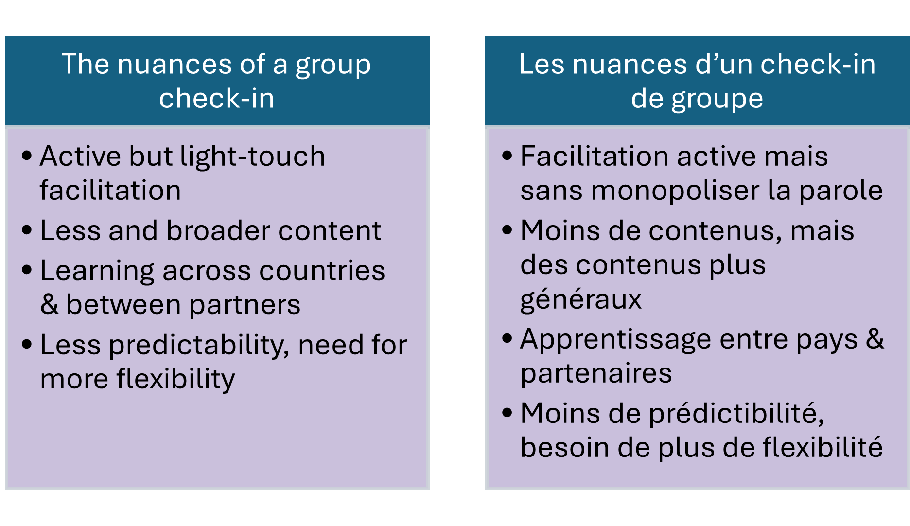 Two colored boxes side by side with English and French text